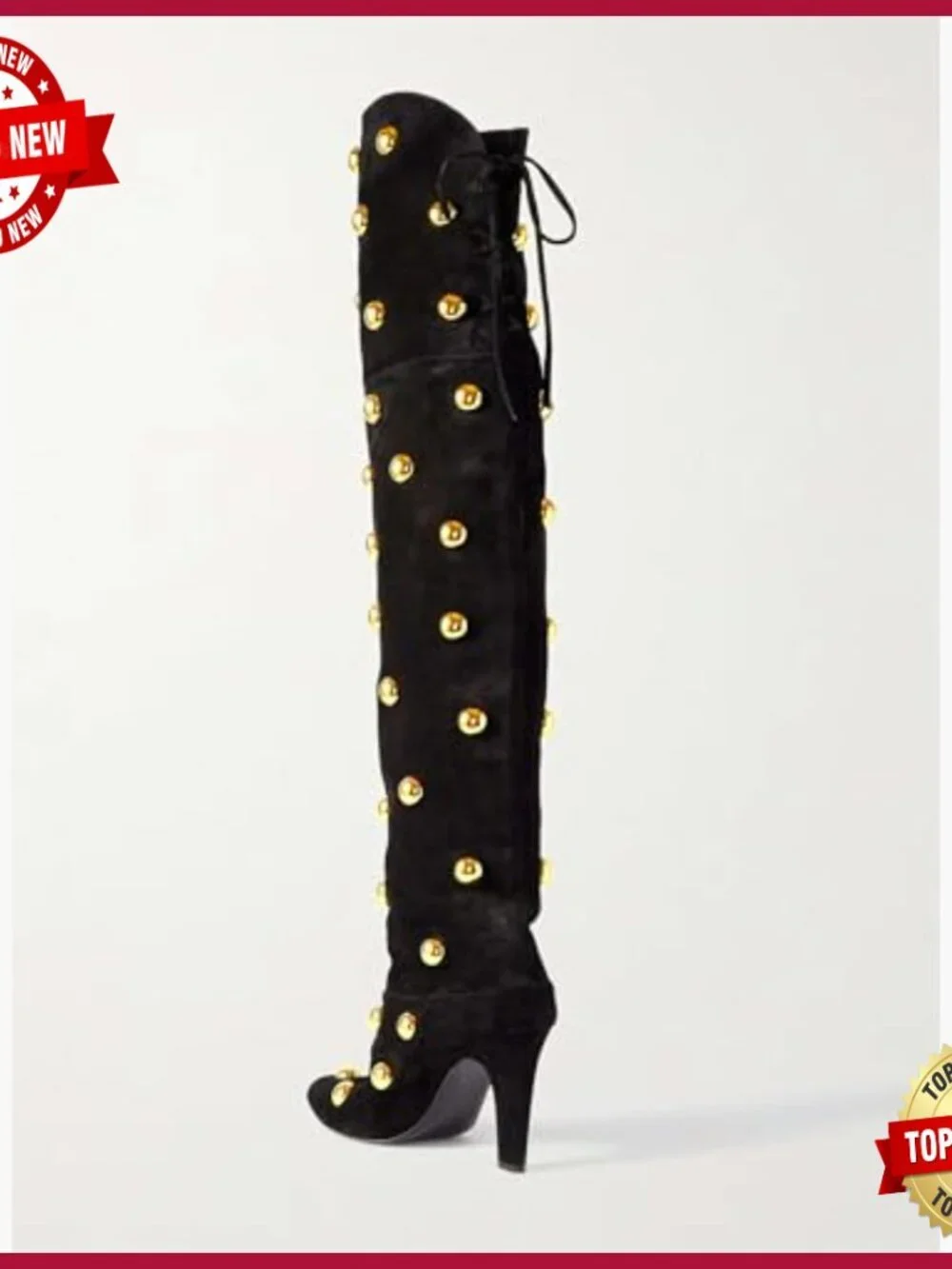 Over the Knee Boots Pointed Toe Chunky Heel Studded Suede